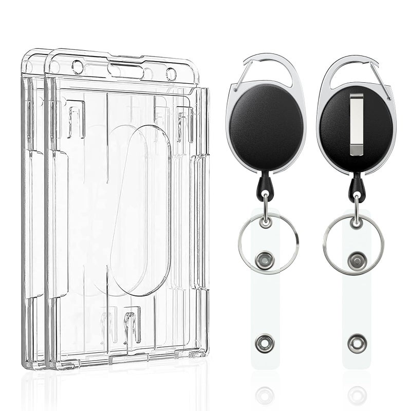Pawfly 2 Pack Vertical 2-Card Badge Holder with Thumb Slots Hard Transparent PC Case Protector with Retractable Badge Reel Carabiner Clip for IDs Credit Cards Driverâ€™s Licenses and Passes - Image 1